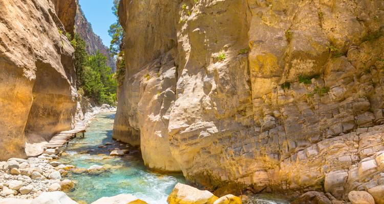 Stream flowing through a sunlit gorge with a wooden walkway.