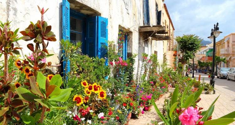 Des fleurs colorées devant des bâtiments rustiques.