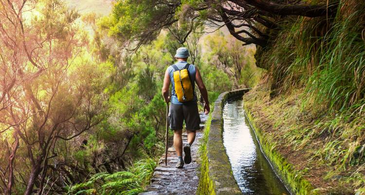 Homme marchant le long d'un sentier de voie navigable étroite, entouré par la nature.
