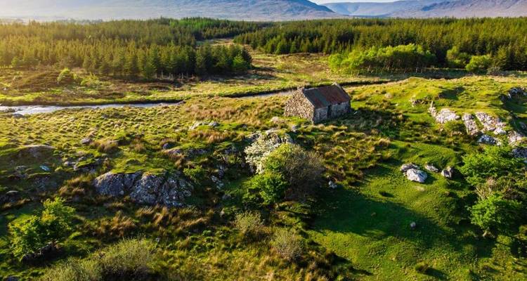 Vue aérienne ensoleillée d'un ancien chalet en pierre au milieu de champs verdoyants et en bordure de forêt.