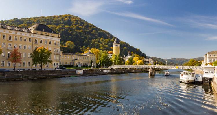 Flussblick mit historischen Gebäuden und einem entfernten Turm.