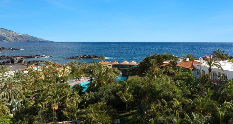 Luxuriöser Garten mit Palmen und Pool an der Küste.