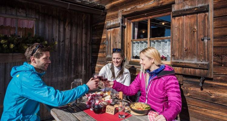 Three travellers toast with drinks while enjoying lunch on a sunny wooden terrace of an alpine hut.