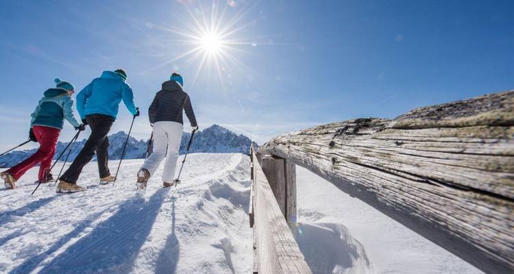 Low-angle view of three snowshoers climbing toward a sun-kissed peak, wooden handrail in foreground and blue sky above.