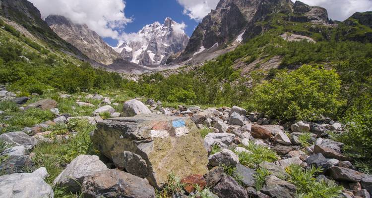 Premier plan rocheux menant à une chaîne de montagnes couverte de glaciers.