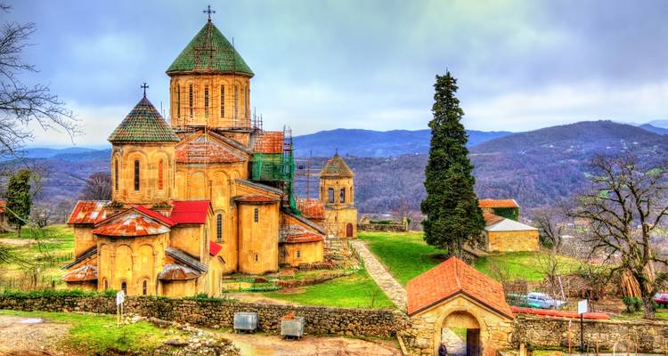 Historic monastery in a mountainous landscape.