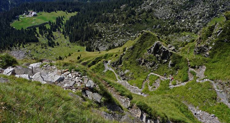 Aerial view of a winding mountain trail leading to a meadow.