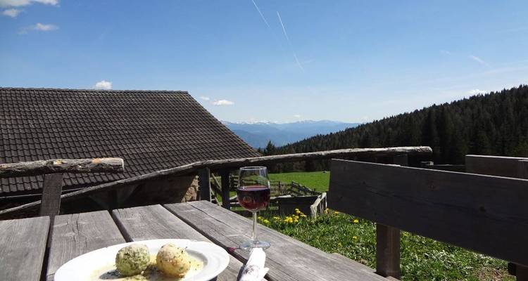 Table set with wine and food overlooking mountains and forest.