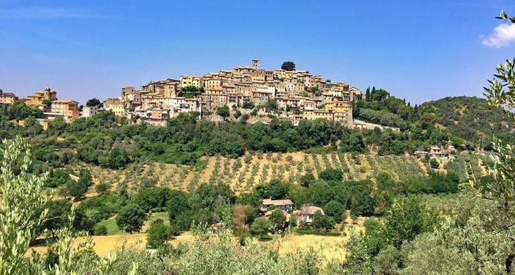 Village perché entouré d'oliveraies.