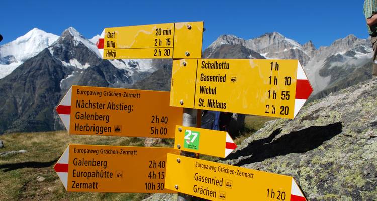 Panneaux de randonnée avec des sommets de montagne enneigés en arrière-plan.