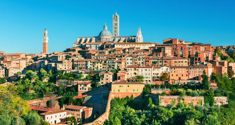 Vista panorámica del horizonte de Siena con sus torres de ladrillo, cúpulas y muros de fortaleza brillando bajo un cielo azul despejado.