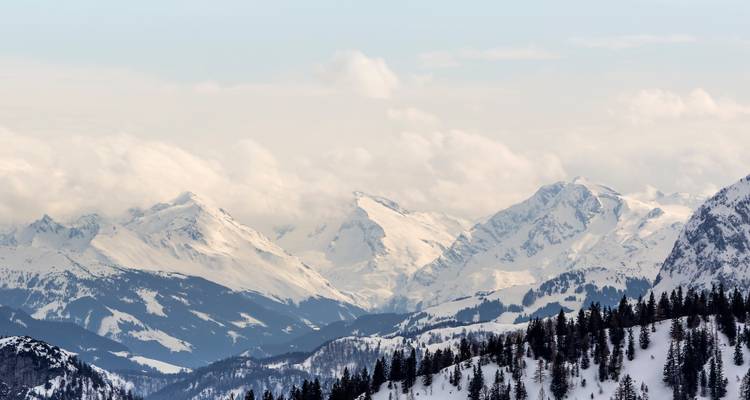 Breites Panorama von rauen, schneebedeckten Alpengipfeln unter einem sanften, bewölkten Himmel.
