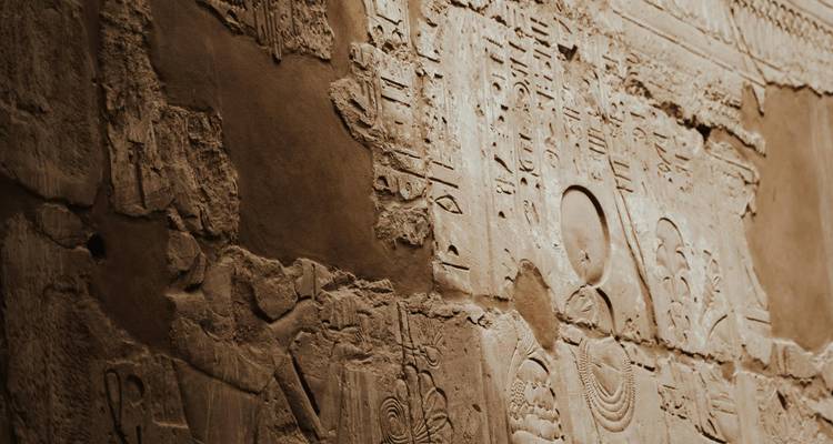 Gros plan de sculptures hiéroglyphiques égyptiennes antiques sur un mur de temple en grès patiné.