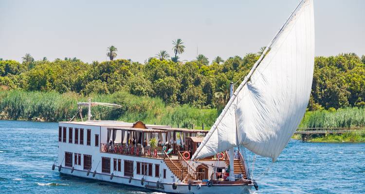 Bateau de croisière dahabieh blanc avec une grande voile naviguant sur le Nil le long de palmiers luxuriants.