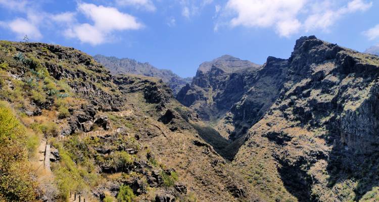 Terrain montagneux accidenté avec un ciel dégagé.