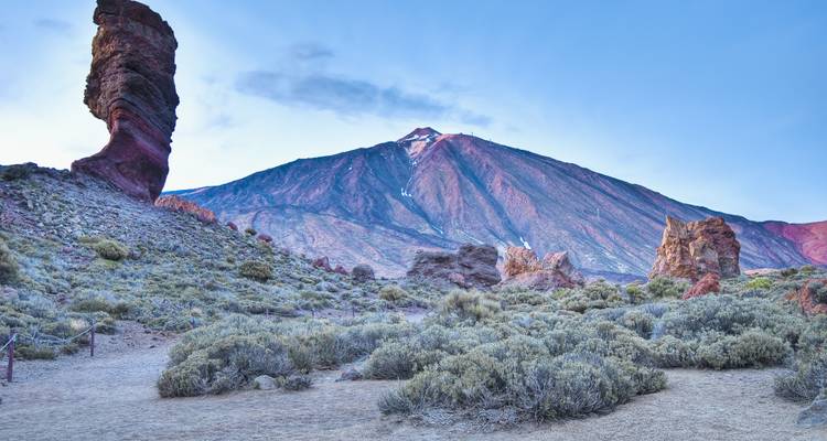 Formations rocheuses uniques et le mont Teide en arrière-plan.