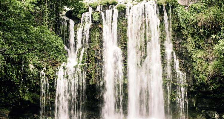 Een cascade tropische waterval ingebed in groen.