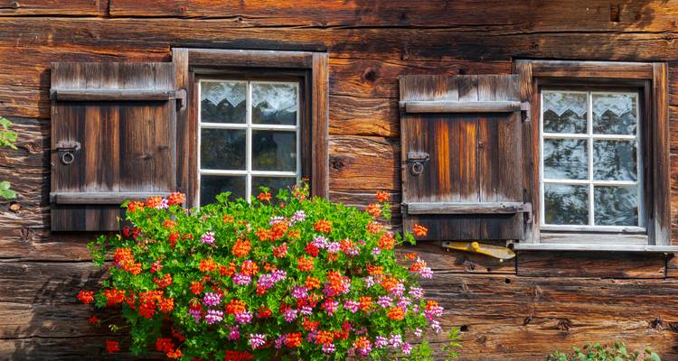 Holzgebäude mit bunten Blumen.