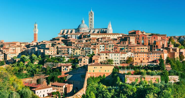 Panoramic view of Siena's skyline with historic buildings and a cathedral.