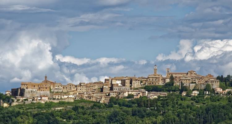 Panoramic view of a hilltop town surrounded by greenery.