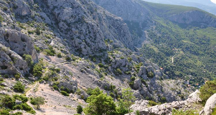 Rocky mountainside with a steep pathway and greenery below.