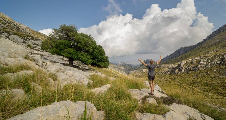 Personne debout joyeusement sur un terrain rocheux dans les montagnes.