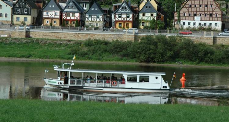 Un ferry avec des passagers naviguant sur une rivière à côté d'une rangée de maisons colorées.