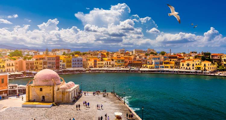 Un paysage urbain côtier vibrant avec des bâtiments colorés et une mouette volant au-dessus.