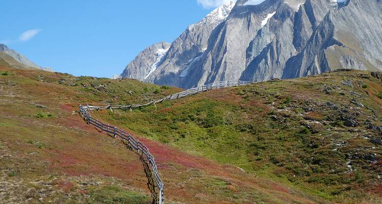 Berglandschaft mit einem gewundenen Zaun und klarem blauem Himmel.