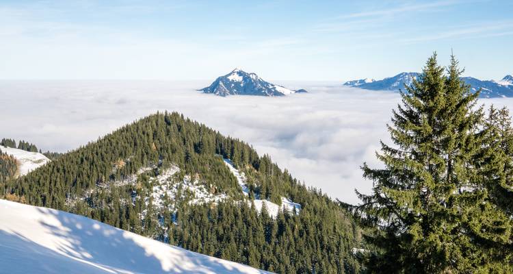 Vista de montañas cubiertas de nieve y un valle vistos desde un punto de observación elevado.