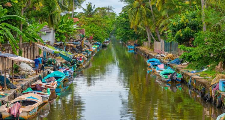 Canal tropical estrecho bordeado de pequeños botes de pesca coloridos, palmeras frondosas y un par de lugareños trabajando en las orillas.