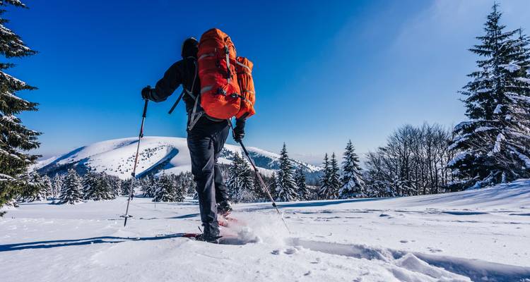Person wandert durch Schnee mit Stöcken und Rucksack.