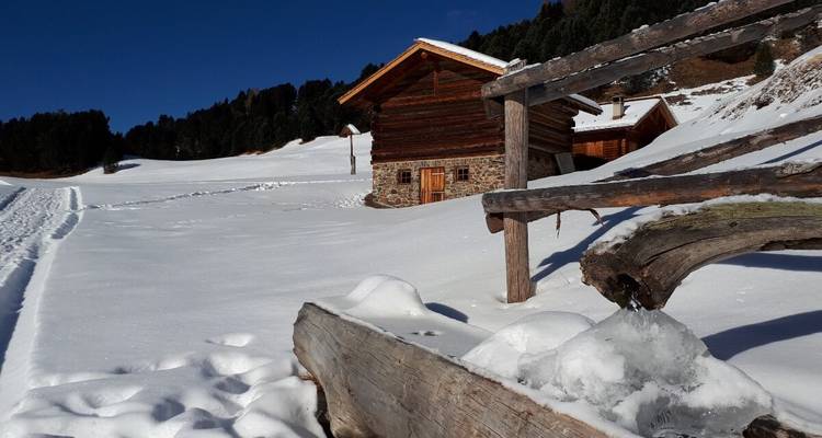 Cabane couverte de neige avec montagnes et arbres en arrière-plan.