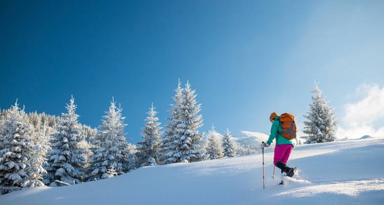 Excursionista solitario ascendiendo una colina nevada con cielo azul despejado.