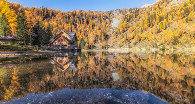 Herbstwald, der sich perfekt in einem ruhigen Alpensee spiegelt, mit gemütlicher Hütte am Ufer.