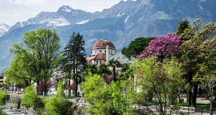 Building with a dome amidst blooming trees and mountains.
