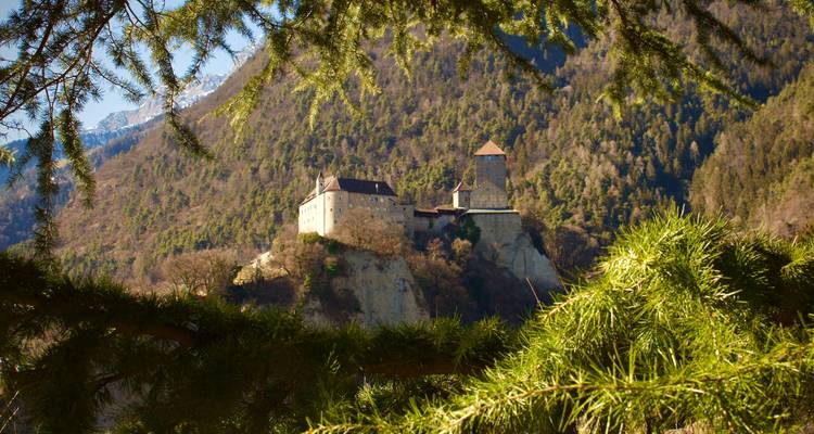 Castillo encaramado en un acantilado rocoso rodeado de bosque denso.