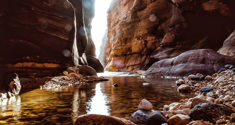 Rocky canyon with a stream of water and light effects.