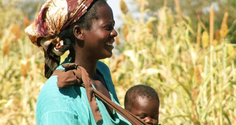 Lächelnde afrikanische Mutter, die ihr Baby auf einem Feld mit hohen Feldfrüchten trägt