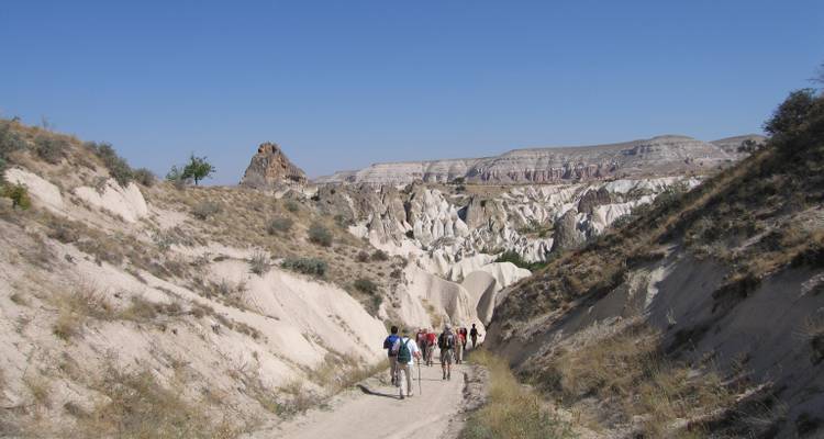 Hikers walking through a rocky valley under a clear sky.