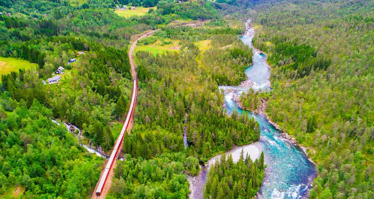 Aerial view of a river and railway track through a forest.