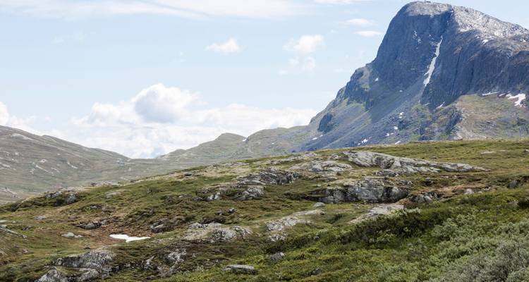 Rugged mountain landscape with some green vegetation.