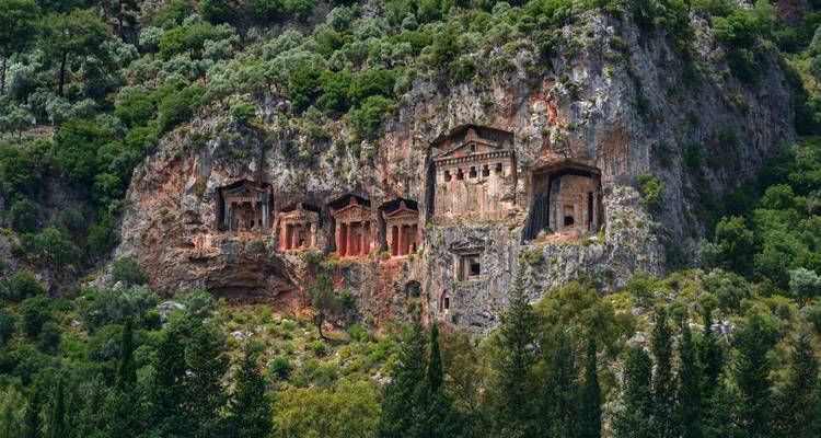 Rocky cliff face with carved ancient structures.