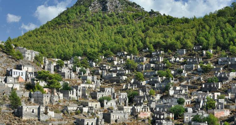 Ruins of an ancient village on a hillside covered with vegetation.