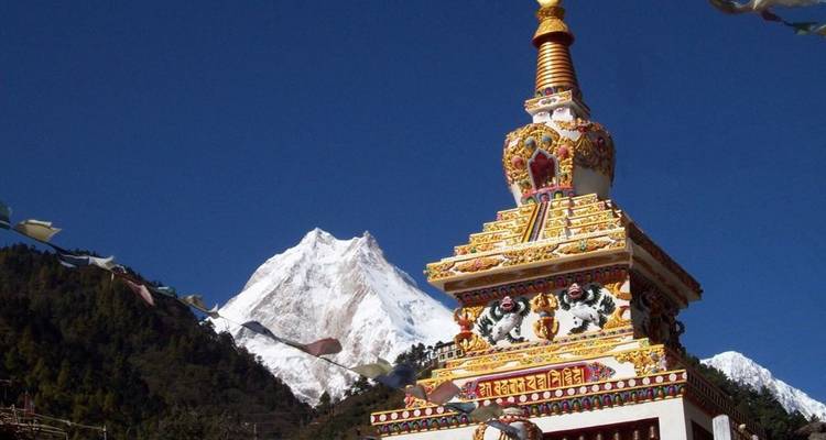 Sierlijke chorten/stupa-structuur met op de achtergrond met sneeuw bedekte bergen.