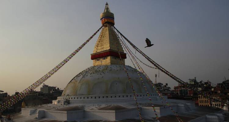 Grote stupa met gebedsvlaggen in een stedelijke omgeving.