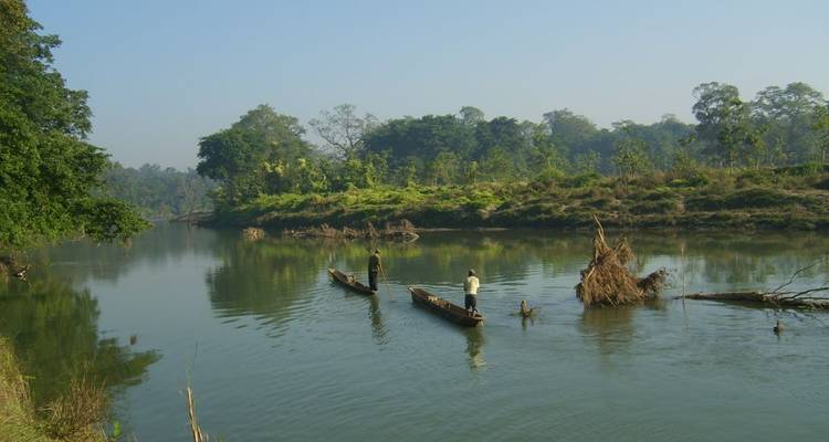 Kano's op een kalme rivier omringd door weelderige vegetatie.
