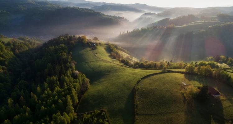 Une vue aérienne de collines ondulantes avec la lumière du soleil filtrant à travers la brume.