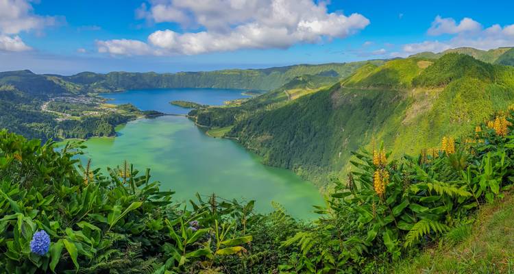 Levendig uitzichtpunt over de groene en blauwe kratermeren van Sete Cidades met tropische bloemen op de voorgrond.