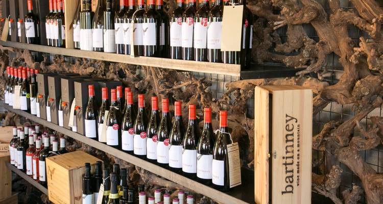 Shelves filled with neatly arranged wine bottles at a South African winery